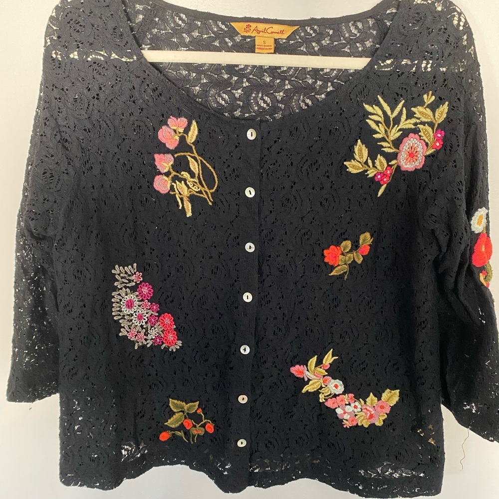 April Cornell Black Lace Sweater/Jacket with Floral Embroidery